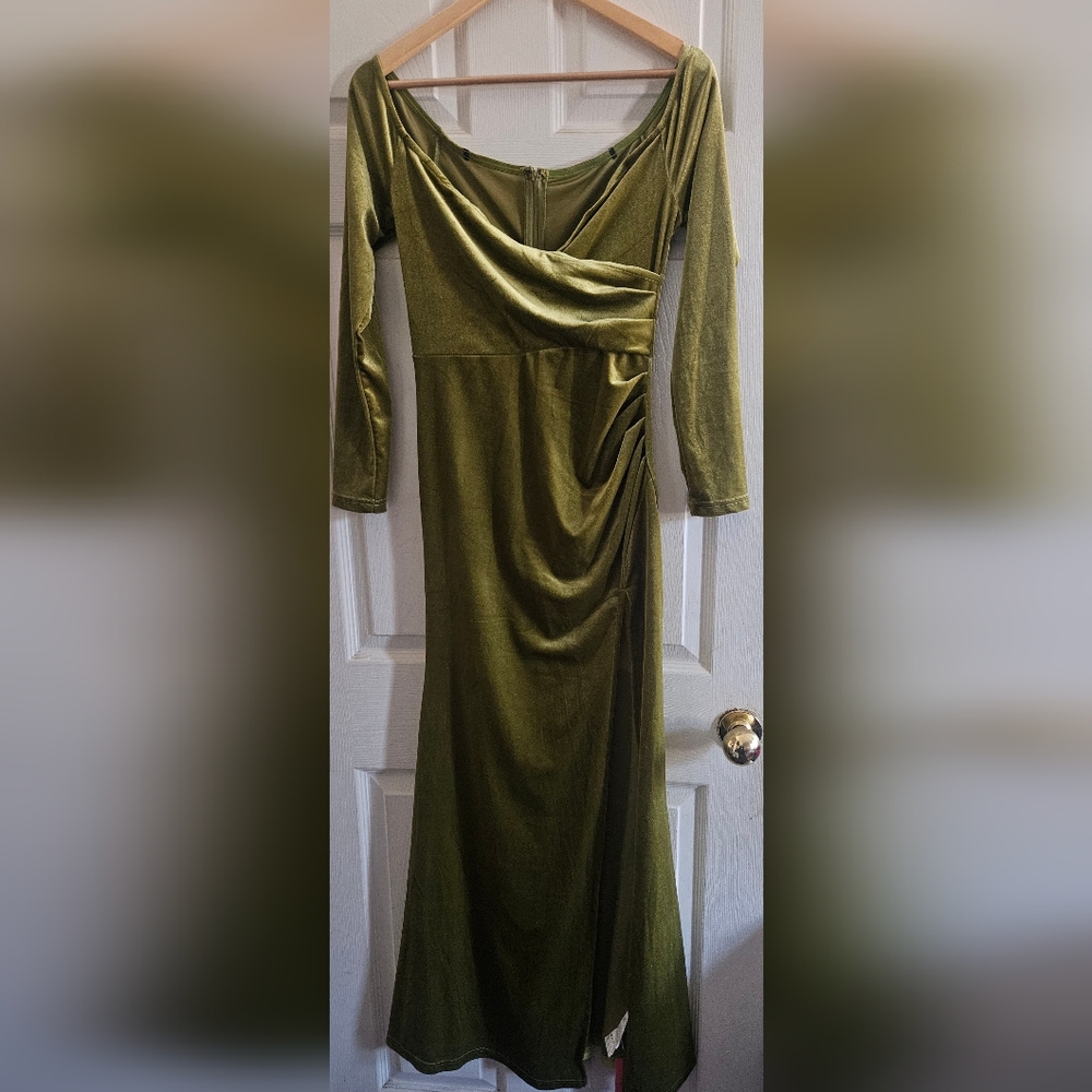 Elegant Olive Green Long Sleeve Off The Shoulder Dress